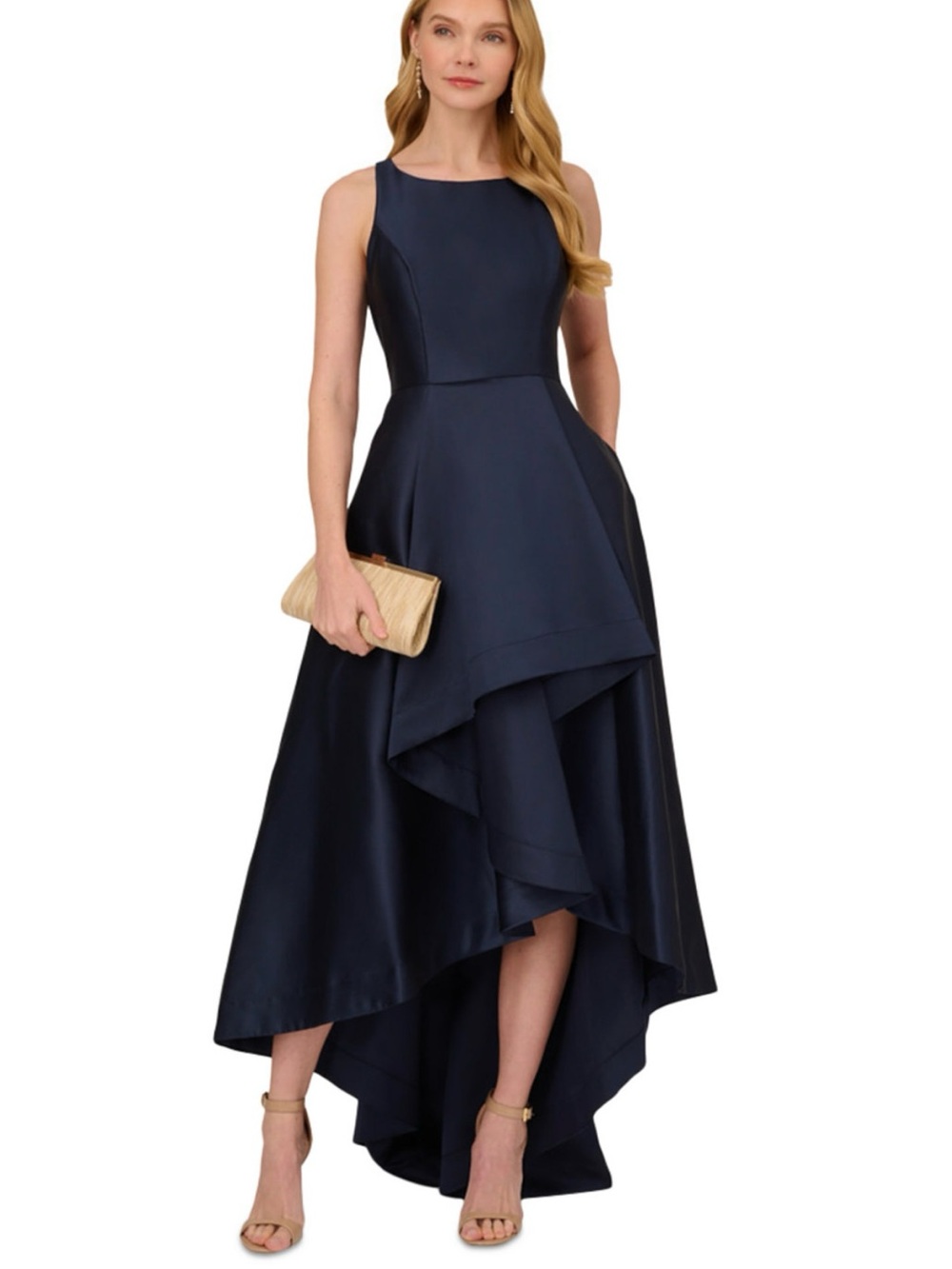 Adrianna Papell Midnight Navy High-Low Satin Evening Gown Formal Dress